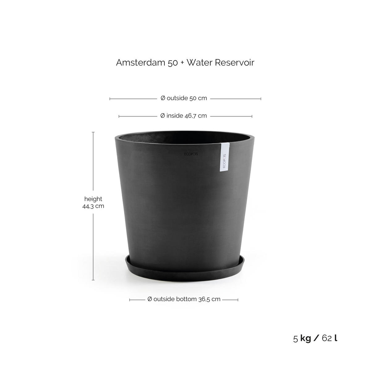 BLUMENTOPF mit Wasserreservoir Amsterdam 50/44,3 cm Dunkelgrau - Dunkelgrau, Kunststoff (50/44.3cm) - Ecopots