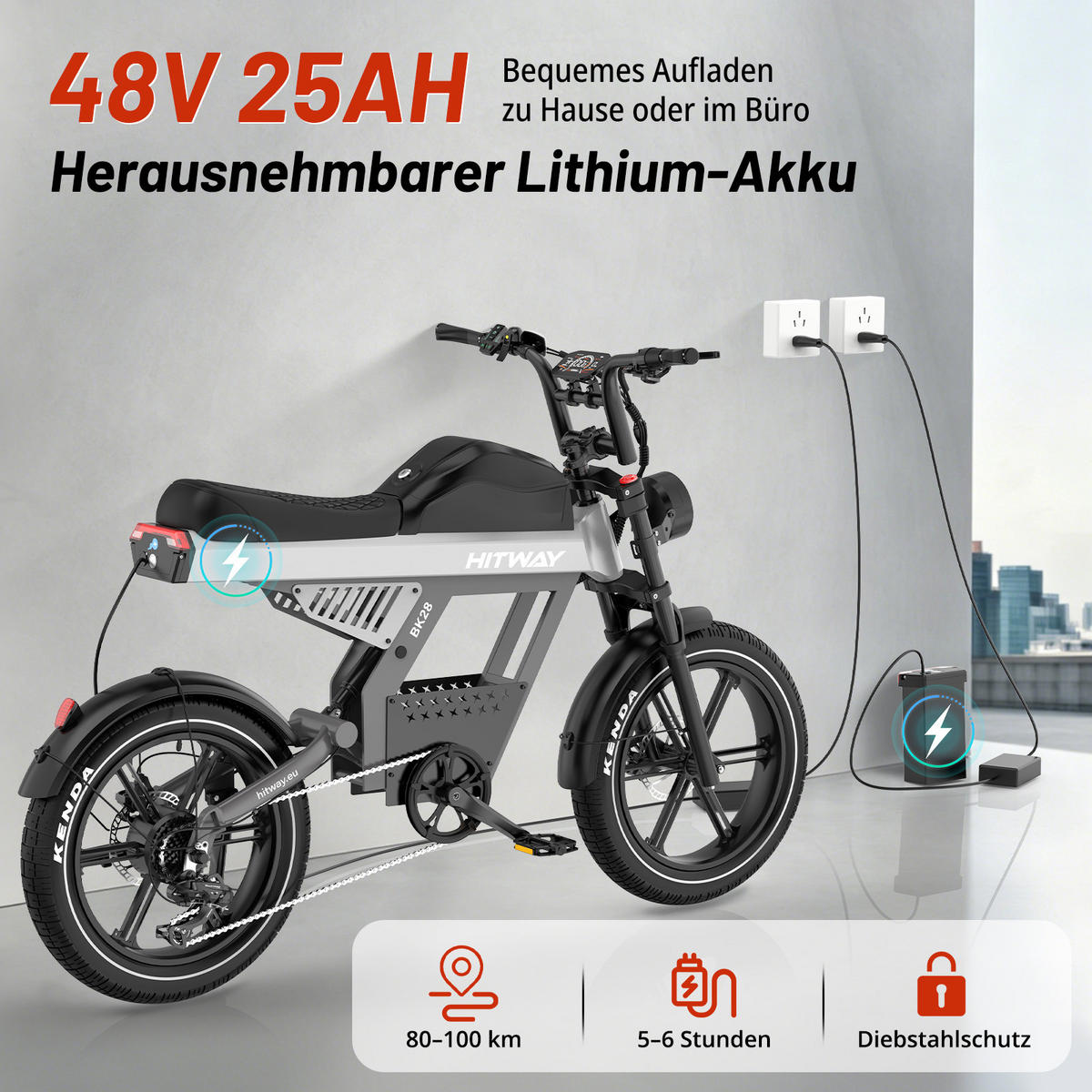 E-BIKE BK28 48V 25Ah Akku ,hydraulische Scheibenbremsen ,App und NFC 5-Gang-Verstellung - Grau, Metall (86cm) - HITWAY
