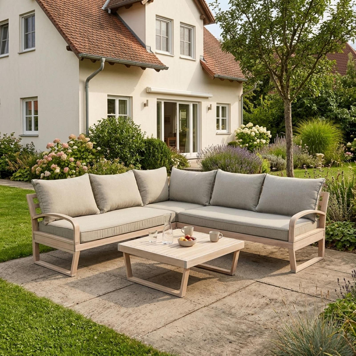 LOUNGE-SET Jersey Braun 5-Sitzer, Eukalyptusholz geölt, mit Kissen und Tisch - Braun, Kunststoff - bellavista - Home & Garden