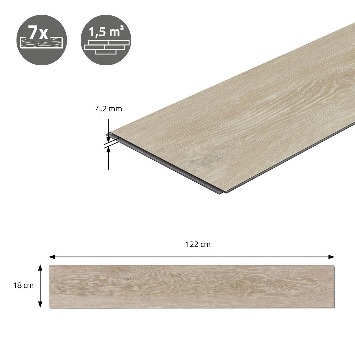 VINYLBODEN Click 1,54m²/7 Dielen Afterglow Eiche - Hellgrau, Kunststoff (122/18/0.42cm) - ML-DESIGN
