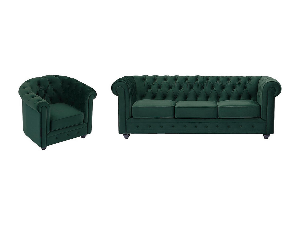 SOFA 3-Sitzer & Sessel - Samt - Grün - CHESTERFIELD - Grün, Textil (205/72/88cm) - Vente-Unique