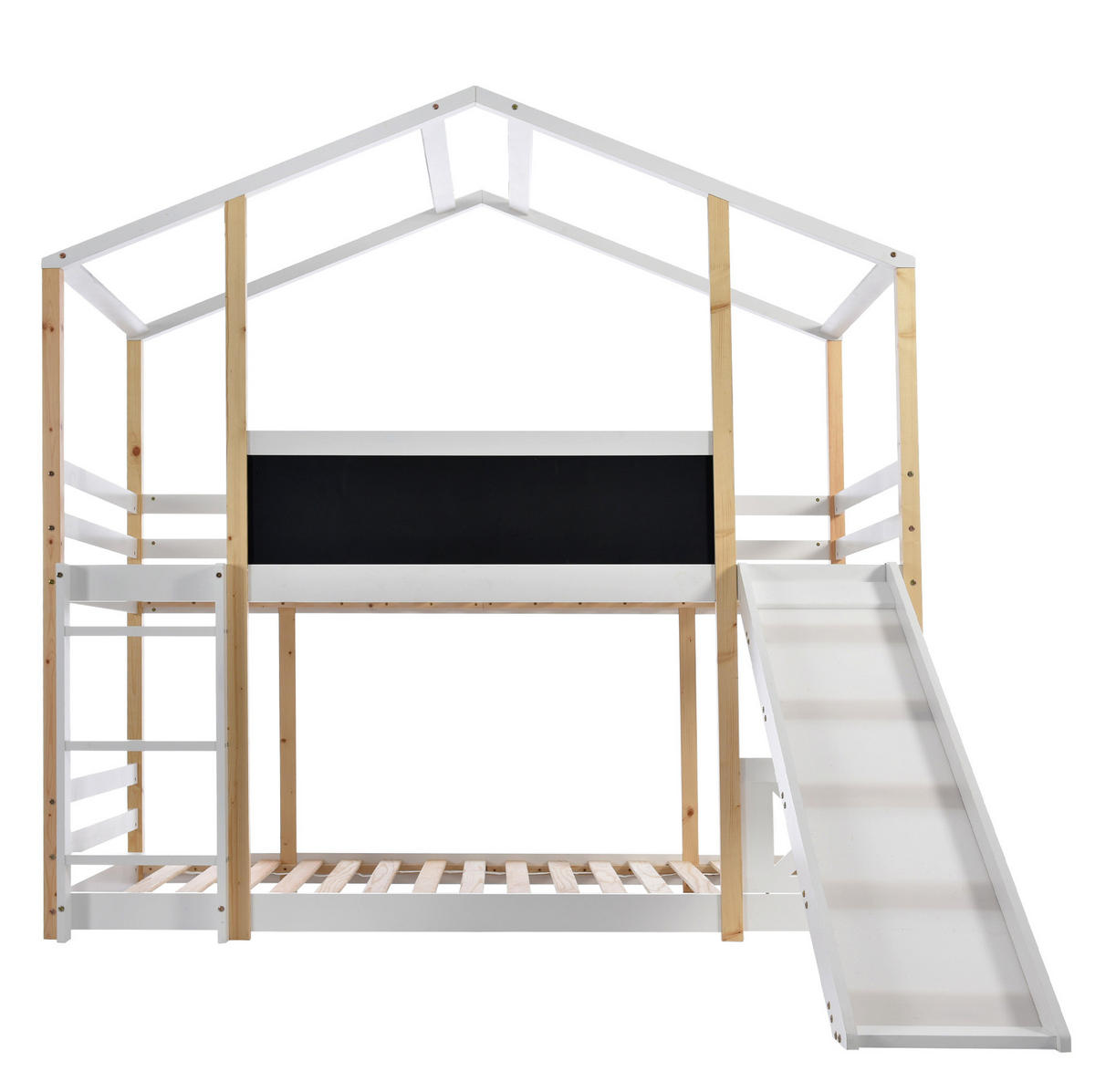 ETAGENBETT 90/200 cm mit Rutsche, Leiter, Tafel und Dachform aus Massivholz, Weiß - Weiß, Holz (90/90cm) - Redom