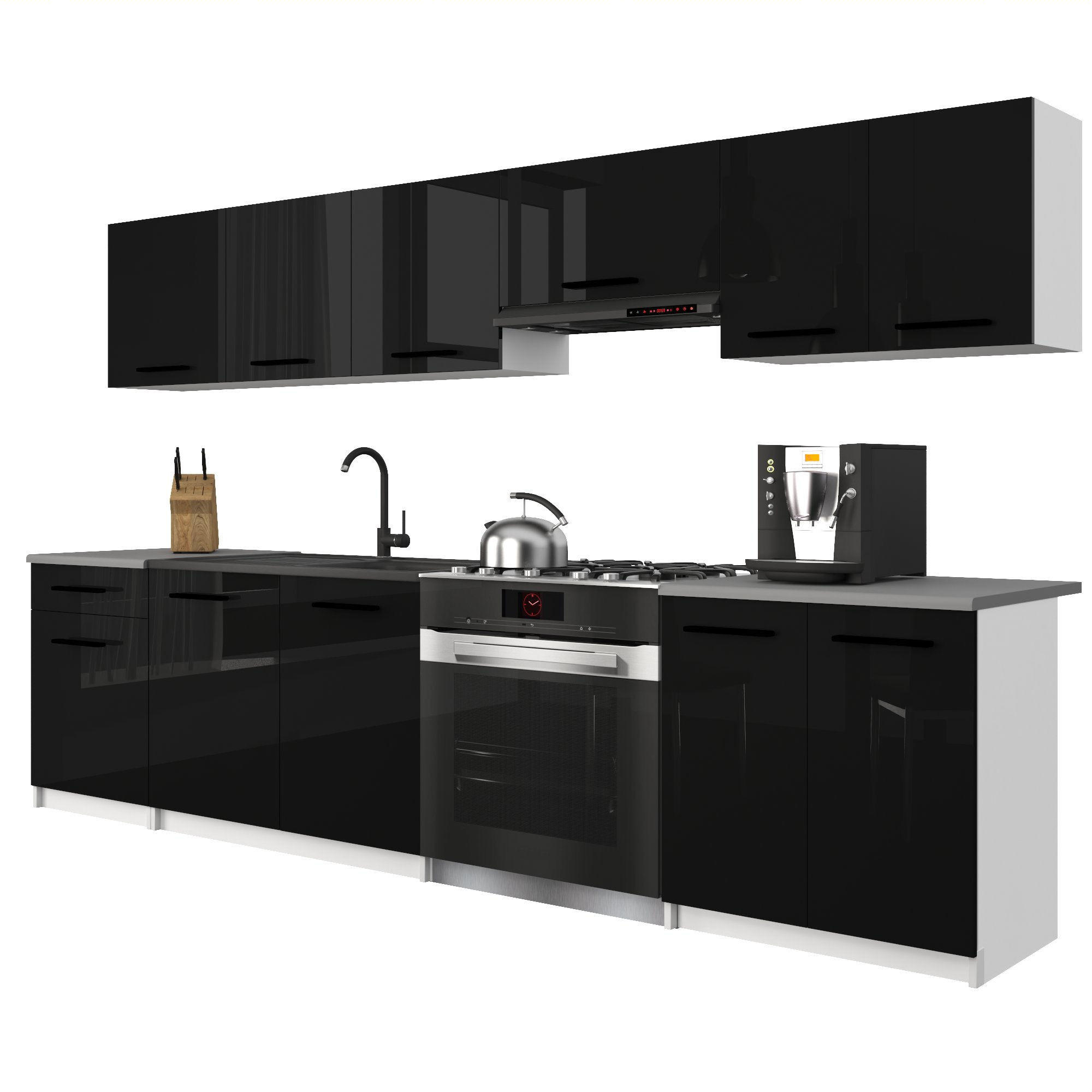 KÜCHENZEILE Italia 2 240 cm, mit Arbeitsplatten, Schwarz Hochglanz - Schwarz Hochglanz, Holz (240/143/60cm) - B BELINI GROUP