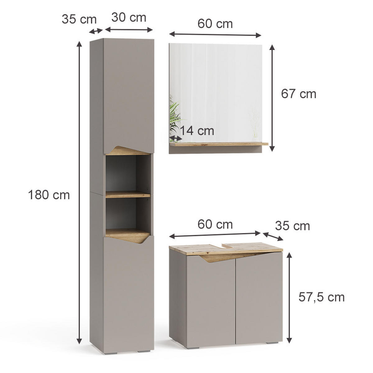 BADMÖBEL-KOMBINATION Marelle Greige 3 Teile, mit Hochschrank - Greige/Eiche Artisan, Holzwerkstoff (60/57/35cm) - Vicco