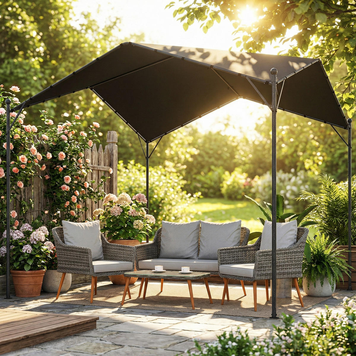 PERGOLA Pavillon 3x3m Wasserabweisend Stabil winterfest Sonnenschutz mit Satteldach Dreiecksverstrebungen - Dunkelgrau, Metall (300/280/300cm)