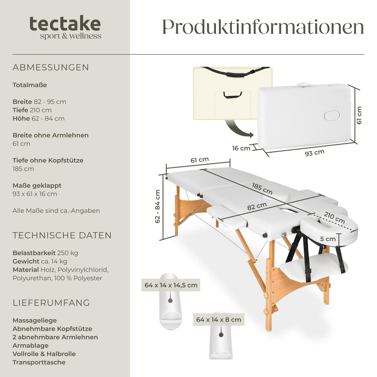 MASSAGELIEGE 2 Zonen Freddi,210 x 95 x 84 cm,weiß - Weiß, Holz (95/84/210cm) - tectake