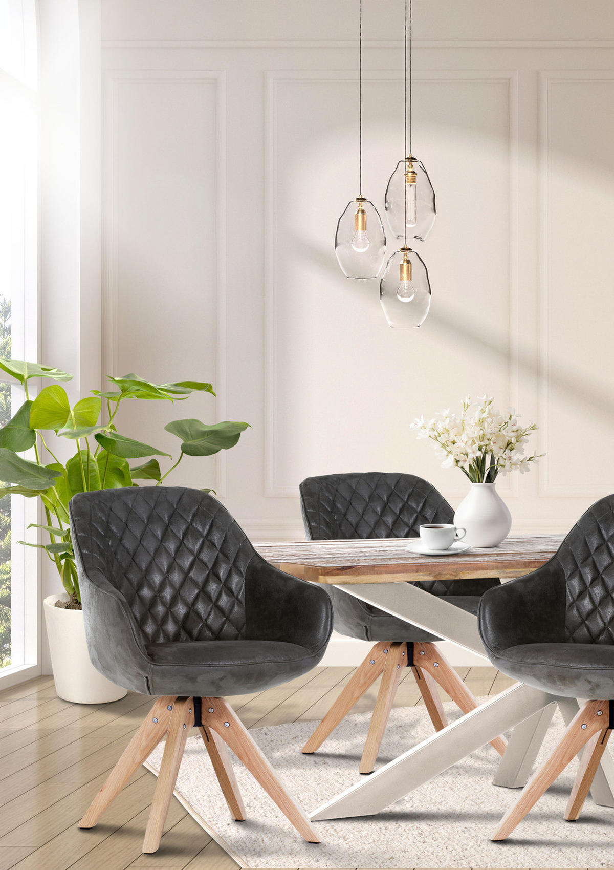 ARMLEHNENSTUHL drehbar - 2er-Set - Eiche massiv / Textil - Eichefarben/Schwarz, Eichenholz/Holz (60/83/65cm) - home24