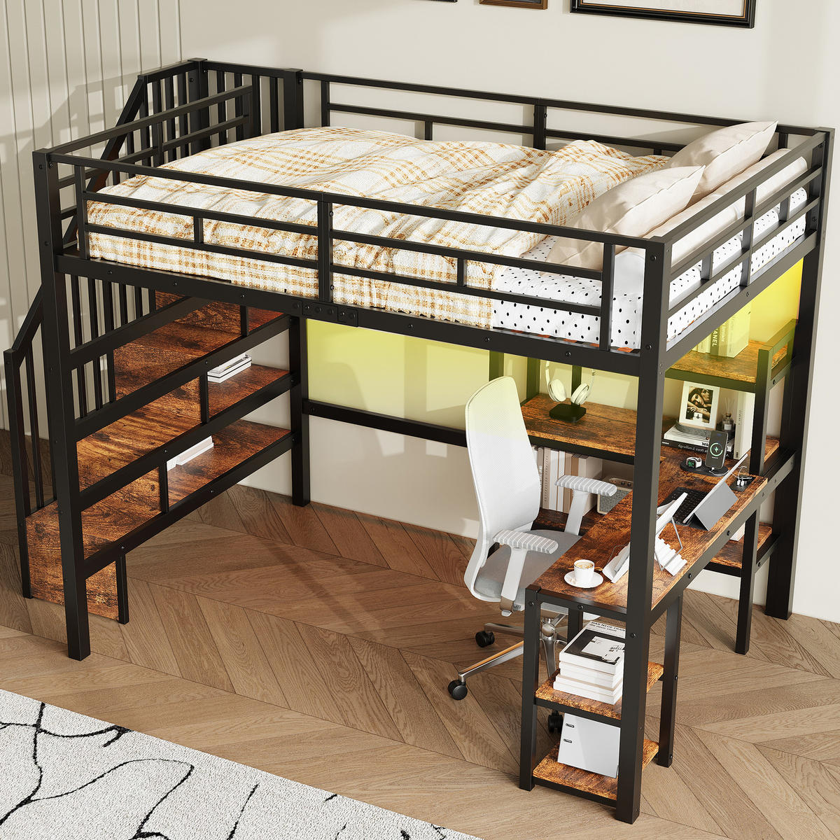 HOCHBETT 140/200 cm in Schwarz mit Treppe, Schreibtisch und LED - Schwarz, Holzwerkstoff/Metall (140/200cm) - WISHDOR