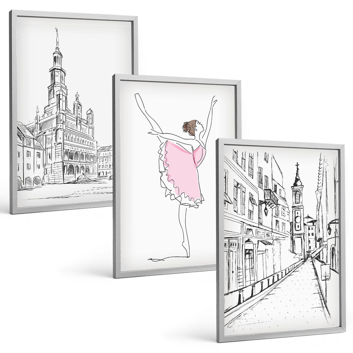 BILDER SET 3er Set - 40x60 cm Silberner Rahmen - Stilvolle Ballerinen und Architektur - Silberfarben, Kunststoff (40/60cm) - TULUP