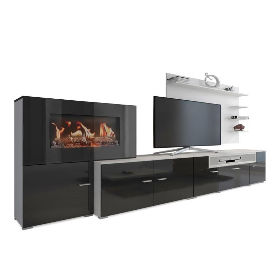WOHNWAND Elektrokamin weiß, schwarz lackiert, 290/45/170cm - Schwarz/Weiß, Holzwerkstoff (290/170/45cm) - Skraut Home