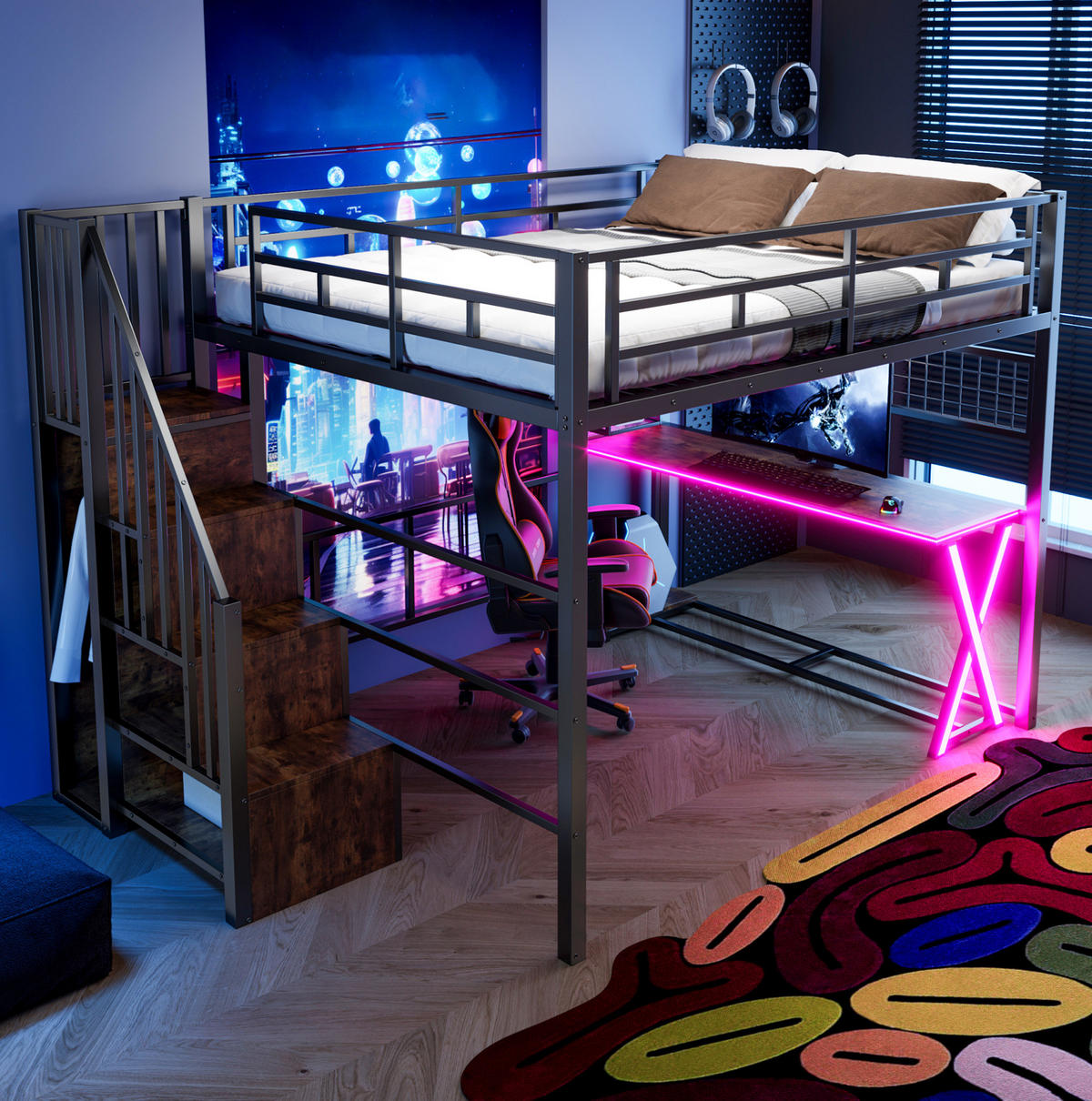 HOCHBETT aus Metall und MDF 160x200 cm Schwarz mit Schreibtisch, Kleiderschrank und LED-Beleuchtung - Schwarz, Holzwerkstoff (160/200cm) - Modfu