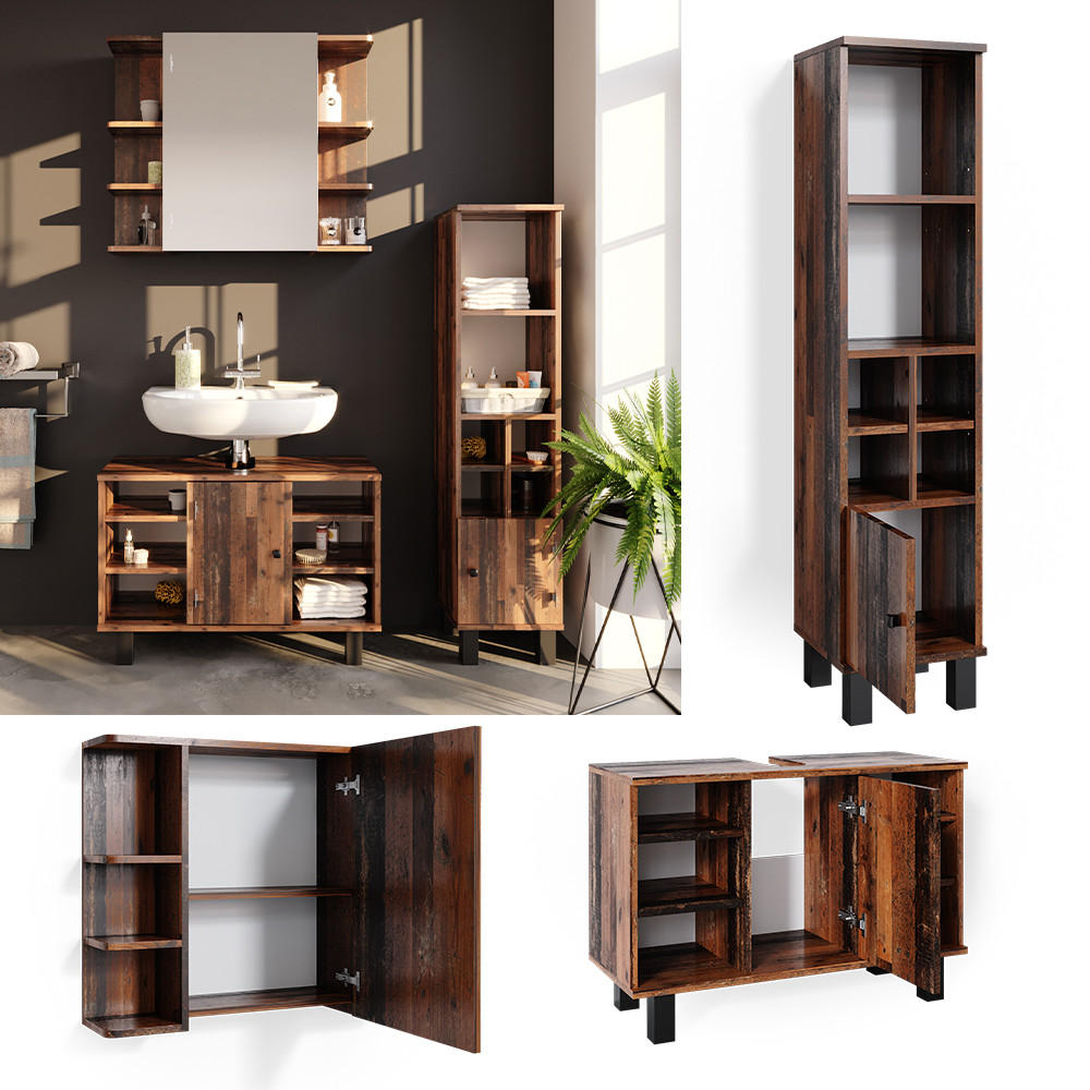 BADMÖBEL-SET Fynn Eiche rustikal 3 Teile, mit Midischrank Tür klein - Wildeiche, Holzwerkstoff (60/54/32cm) - Vicco