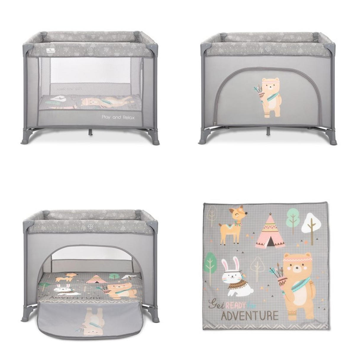 LAUFSTALL Play`n Relax grau 100 x 100 cm, seitliche Öffnung, Matratze, Tragetasche, Babyreisebett - Grau, Metall (100/75/100cm) - Lorelli