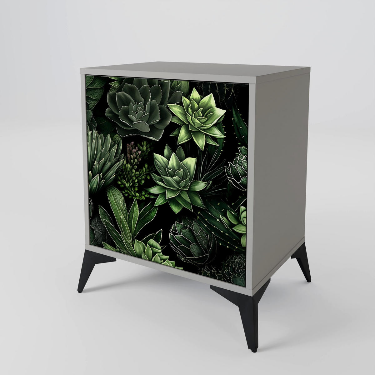 SIDEBOARD SUCCULENT JUNGLE, Grau, 57,5x42x72,5 cm, Schwarze Metallfüße - Multicolor/Schwarz, Holzwerkstoff/Metall (57.5/72.5/42cm) - SpaceRebels