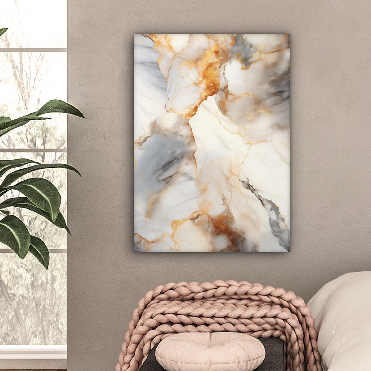 LEINWANDBILD Marmor - Grau - Gold Wandbild Wohnzimmer 60x80 cm - Weiß, Textil (60/80cm) - MuchoWow