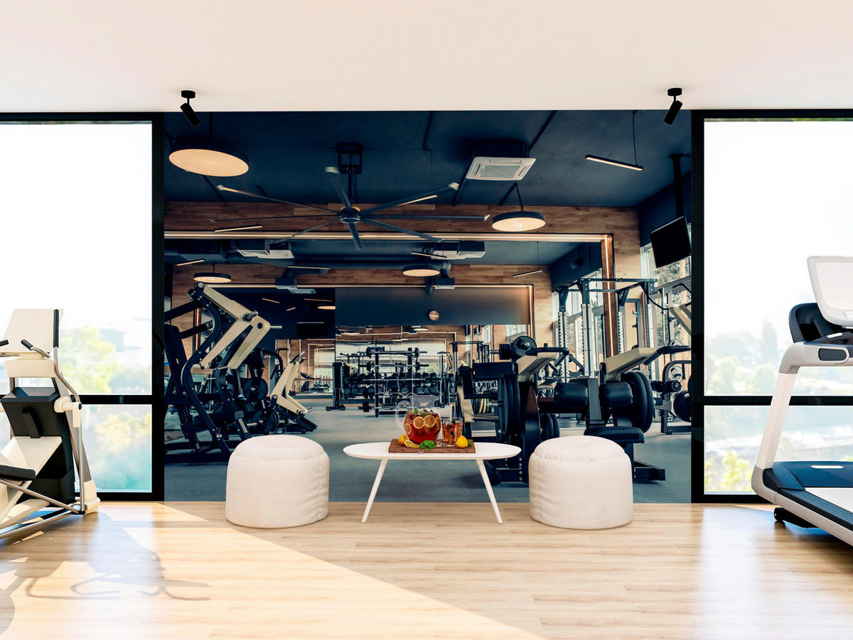 FOTOTAPETE Modernes Fitnessstudio Trainingsgeräte Sport 300x210 - Schwarz/Braun, Papier (300/210cm) - Muralo