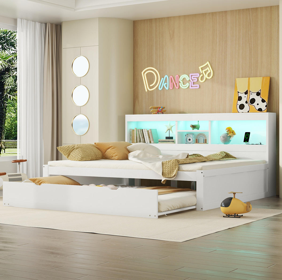 BETT 140/200 cm Weiß mit Ausziehbett, LED-Beleuchtung und USB-Anschlüssen - Weiß, Holzwerkstoff (140/200cm) - Flora Grace