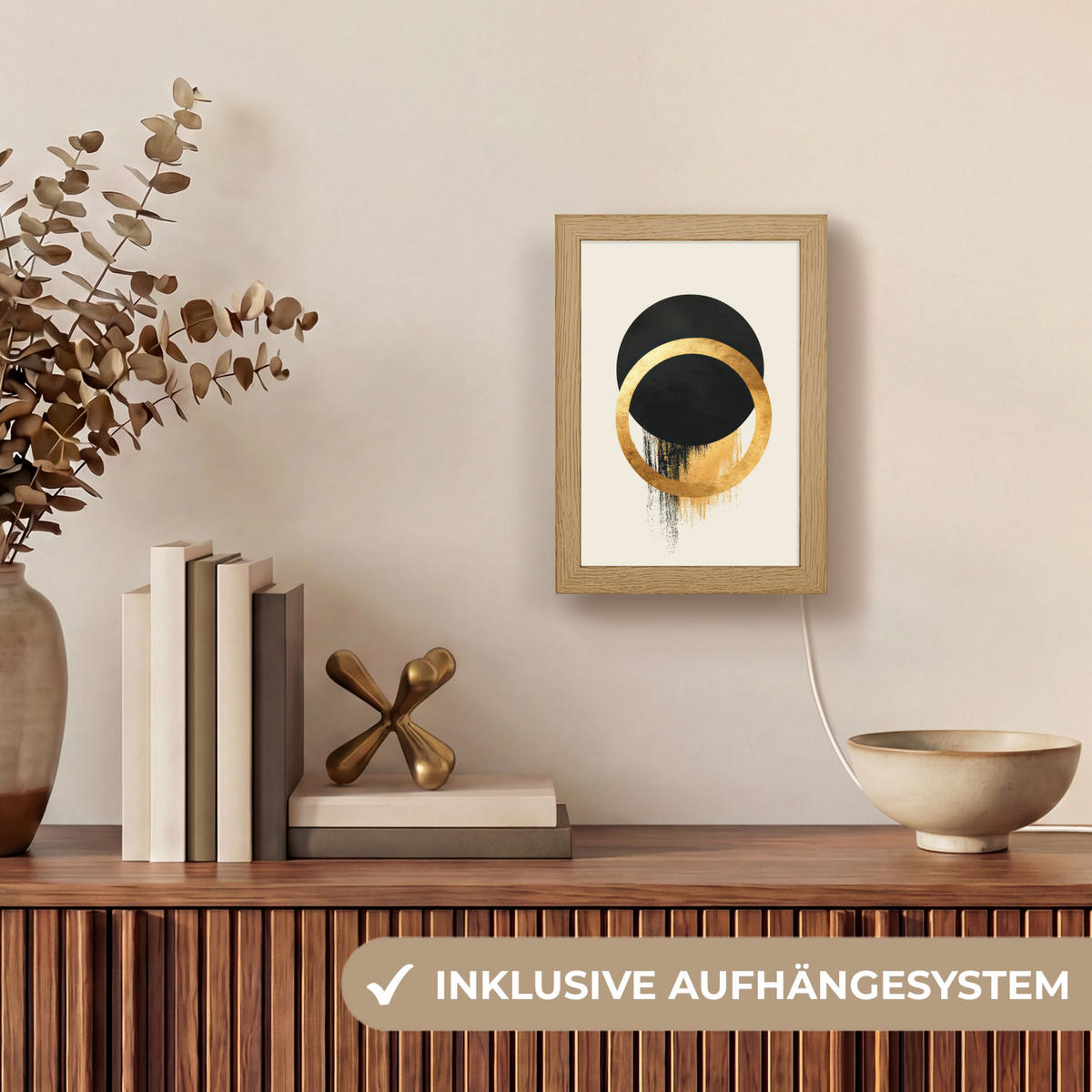 STOLNÍ LAMPA Abstraktní design - Černý kruh - Skvrny od barvy 15x20 cm - jantarová, kompozitní dřevo (8/15/20cm) - OnlyWow