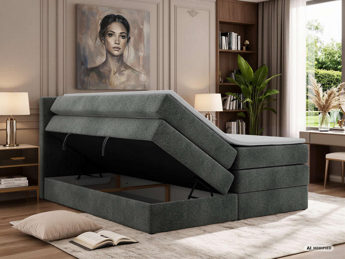 BOXSPRINGBETT SOLVEN KING 160/200 - Dunkelgrau Stukture - Topper Visco - H3 - Dunkelgrau/Schwarz, Kunststoff/Textil (160/200cm) - MKS
