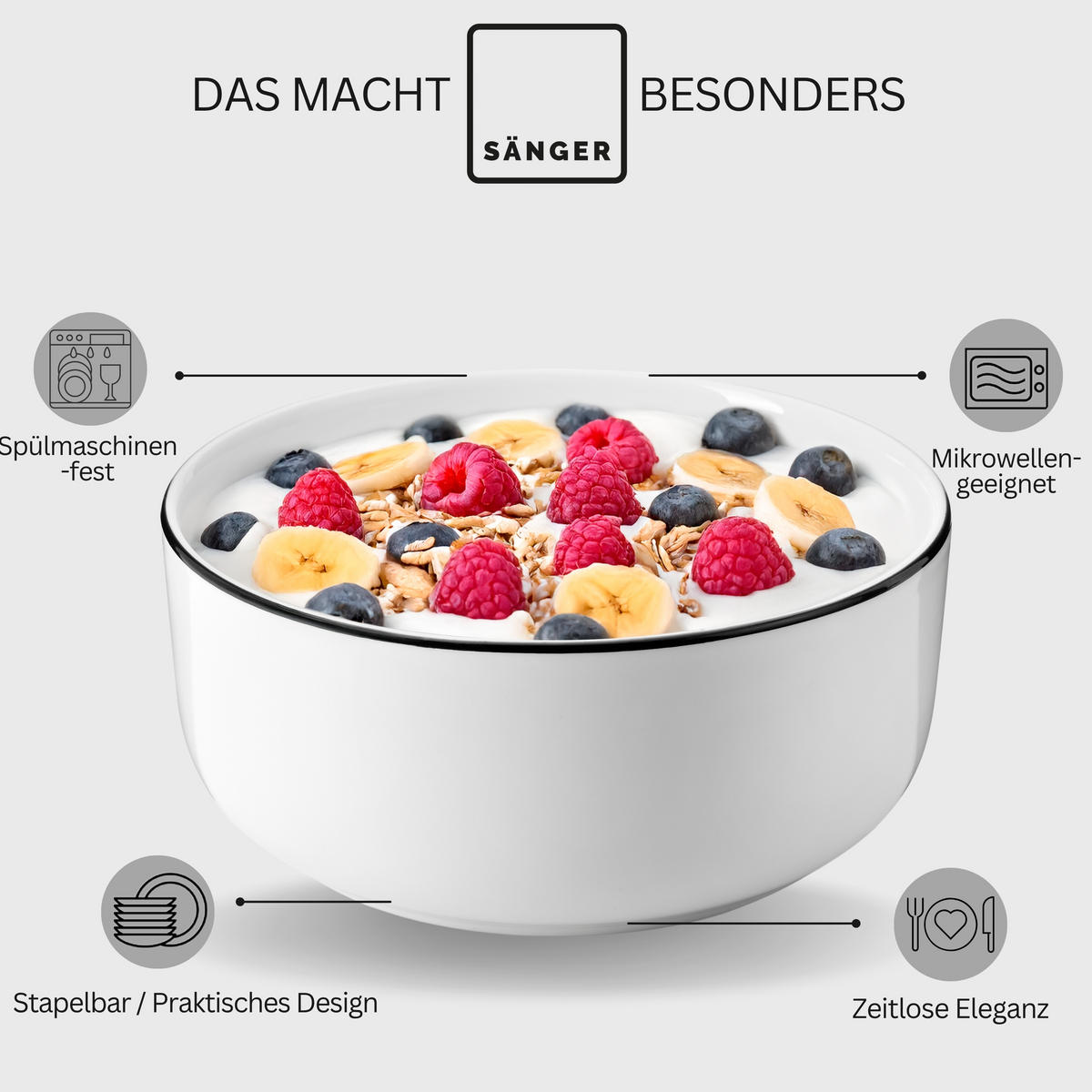 MÜSLISCHALEN MARLO BLACK RIM - 6 teilig aus Porzellan - Weiß, Keramik (14cm) - Sänger