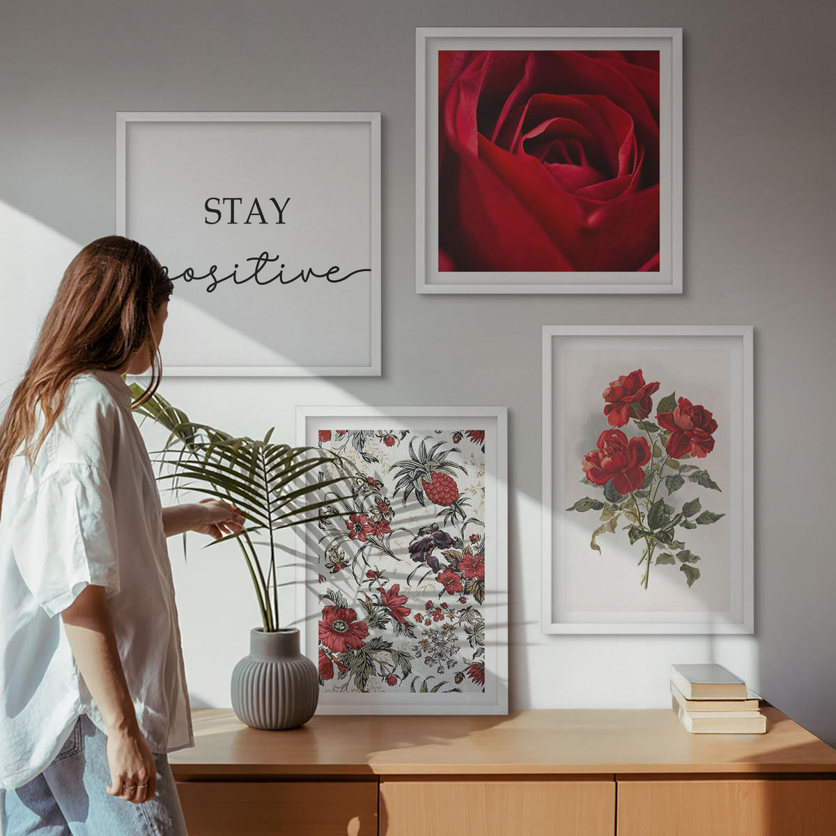 BILDER SET 4er Set - 50x50 cm & 40x60 cm Weißer Rahmen - Inschrift mit roten Rosen - Weiß, Kunststoff (50/50cm) - TULUP