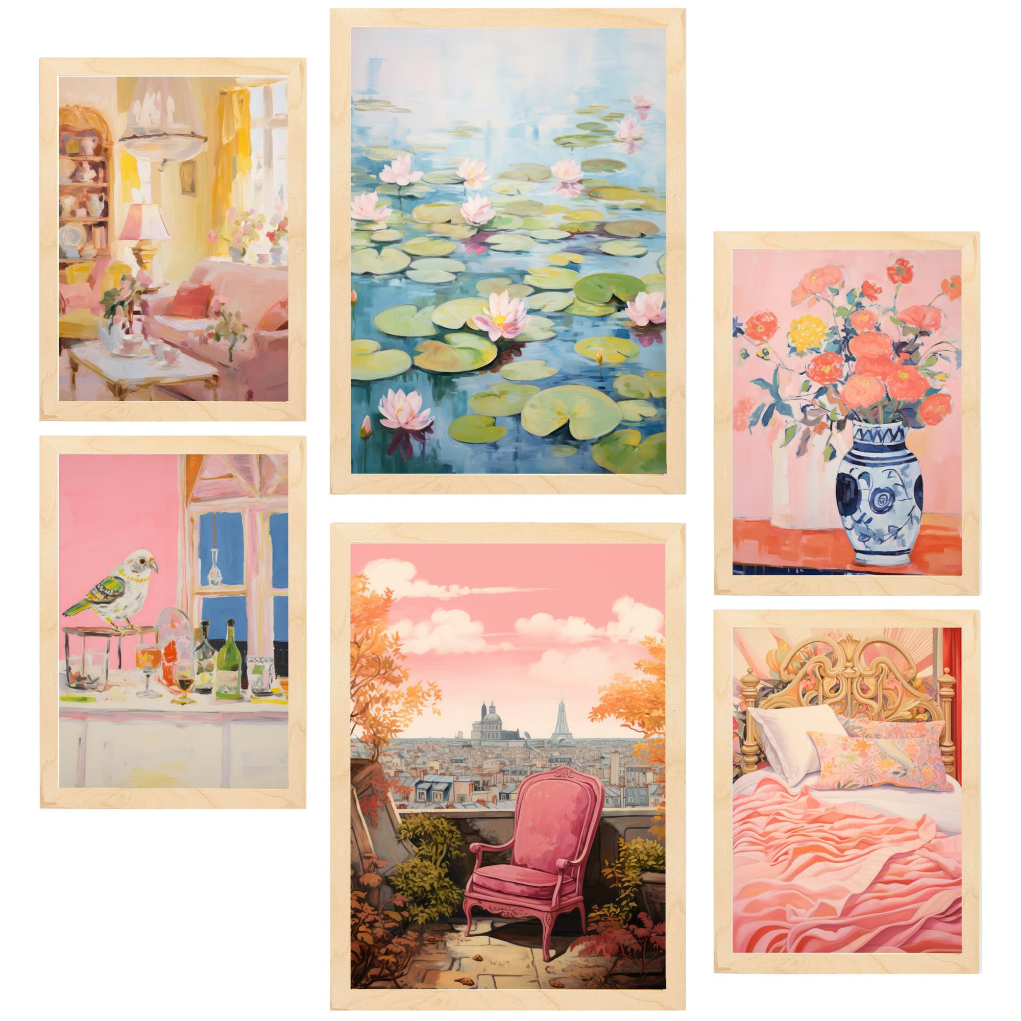 POSTER Set Mit 6 Rosa Frühling A3 & A4 Rahmen Aus Hellem Holz - Beige, Papier (29/3/42cm) - Nacnic