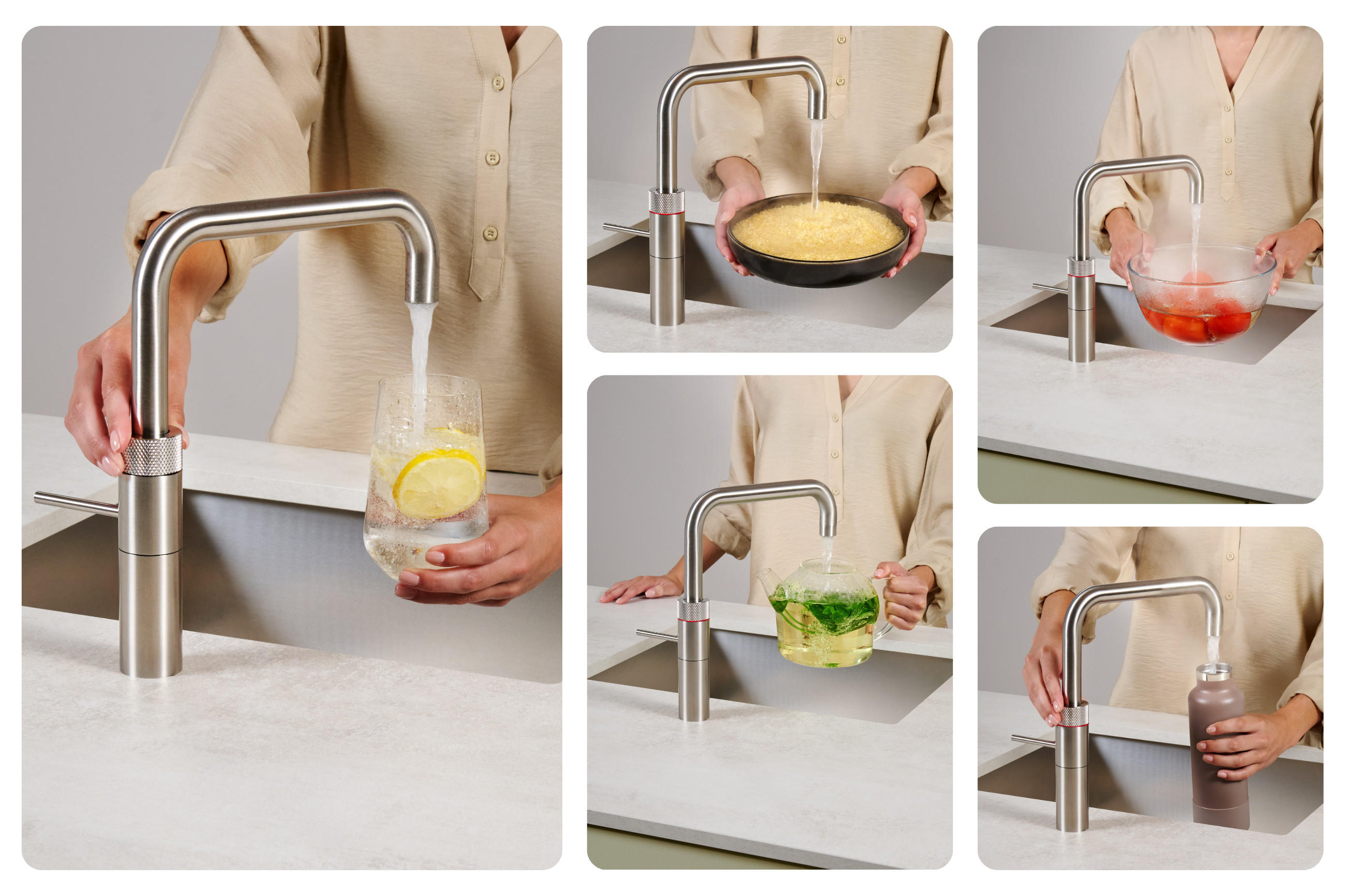 Bildcollage eines Quooker-Armaturensystems in Edelstahl an der Küchenspüle: eine Person zapft Wasser in ein Glas mit Zitrone, füllt einen Krug mit Kräutern, spült Lebensmittel in Schüsseln und befüllt eine Trinkflasche.