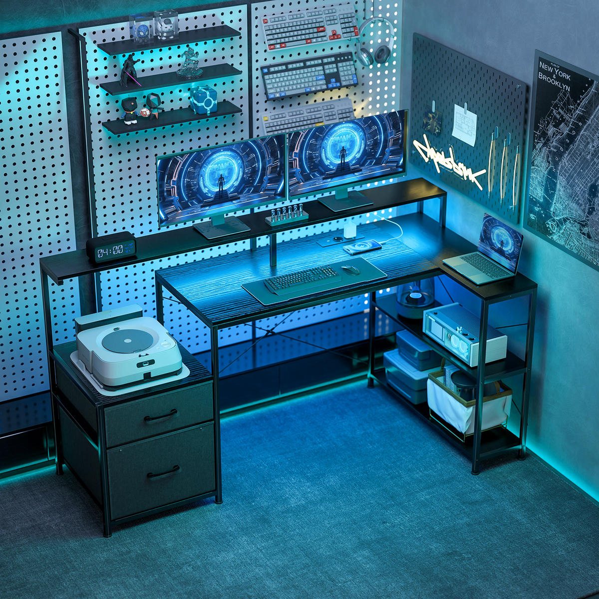 GAMING Tisch L-förmiger 165 x 80 cm Schreibtisch mit LED & Steckdosen 2 Schublad - Schwarz, Holzwerkstoff/Textil (165/80/91.5cm) - HOMCOM