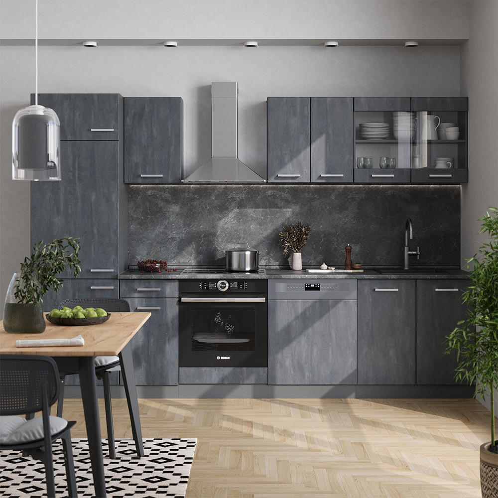KÜCHENZEILE R-Line Schwarz Beton/Anthrazit 300 cm AP Eiche - Anthrazit/Schwarz, Holzwerkstoff (300/81.6/60cm) - Vicco