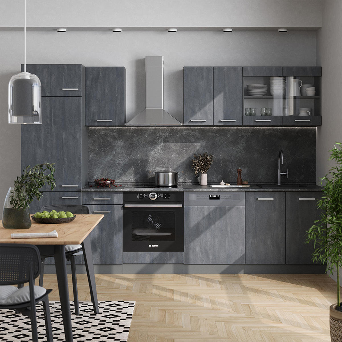 KÜCHENZEILE R-Line Schwarz Beton/Anthrazit 300 cm AP Anthrazit - Anthrazit/Schwarz, Holzwerkstoff (300/81.6/60cm) - Vicco