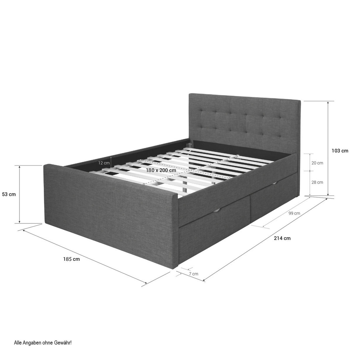 POLSTERBETT mit Stauraum 180/200 cm in Anthrazit Grau - Anthrazit/Grau, Textil (180/200cm) - Homestyle4u