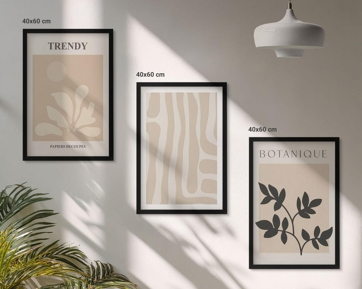WANDBILDER 3er-Set - 40x60 cm Schwarzer Rahmen - Stilvolle Pflanzenmuster in Beige und Schwarz - Schwarz, Kunststoff (40/60cm) - ArtPrintCave
