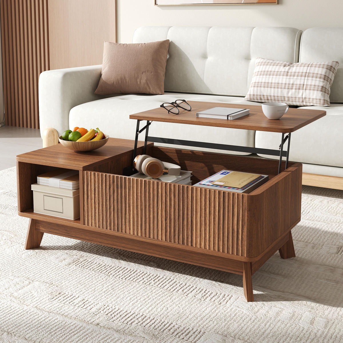 COUCHTISCH holzoptik & 3d-wellen-design mit lift-funktion & verstecktem stauraum - Walnussfarben, Holzwerkstoff (48/95/50cm) - Urban Meuble