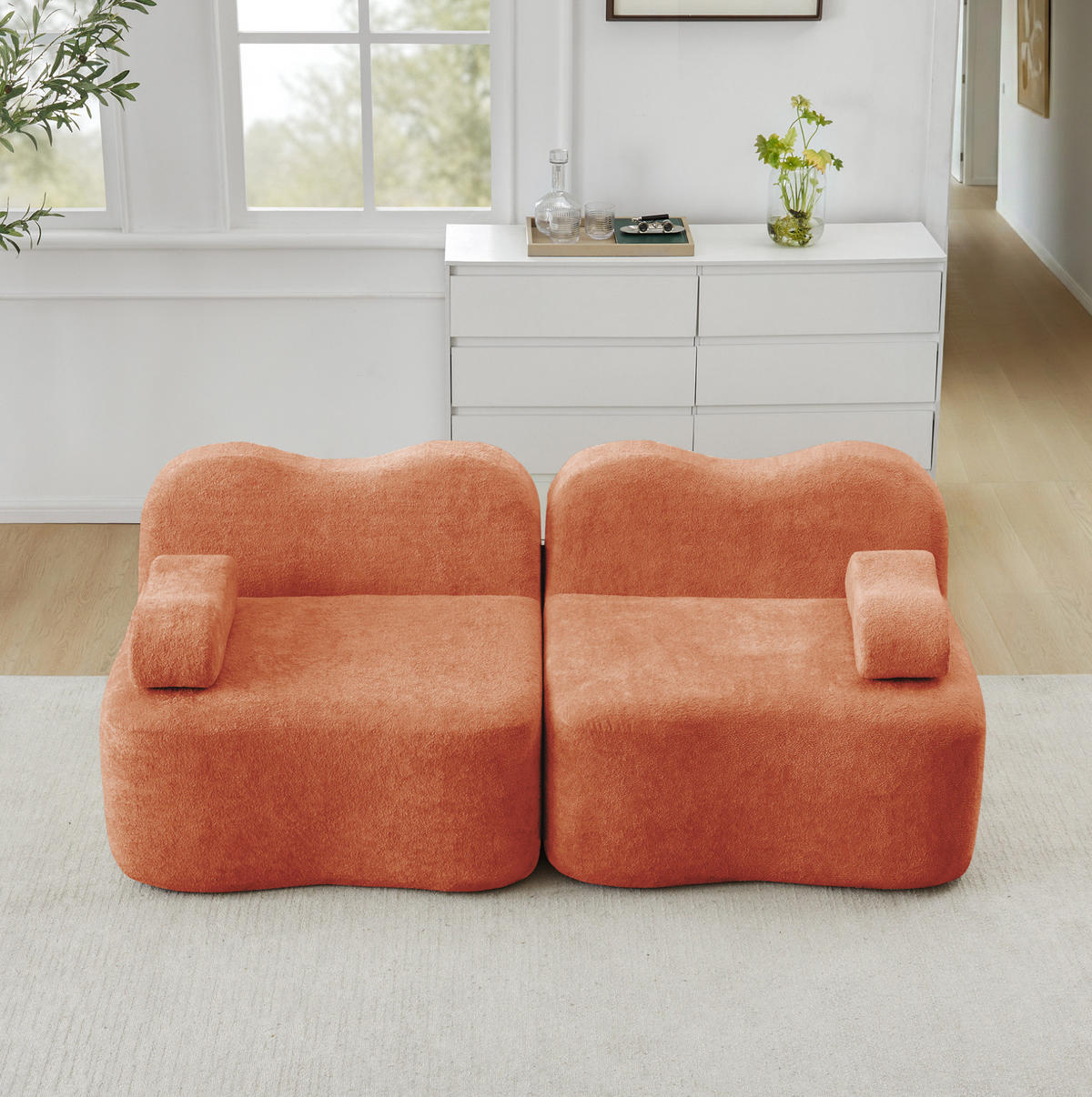 SOFA modular Wellenform Samt Orange - Orange, Holzwerkstoff (98/70/192cm) - Meubliv