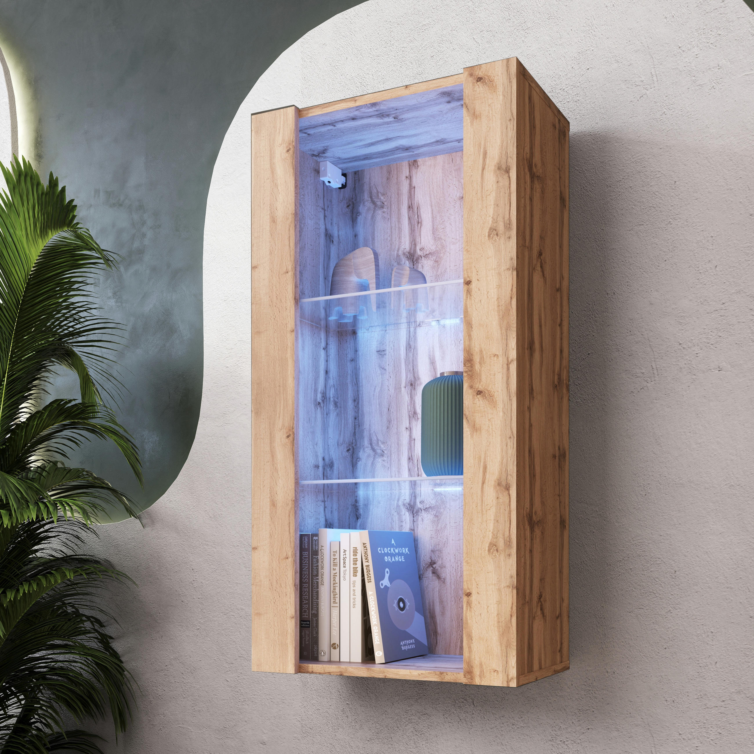 HÄNGEVITRINE TIVOLI Vertical 100, Wotan, LED Blau - Eiche Wotan, Glas/Holzwerkstoff (50/100/29.5cm) - Komodee