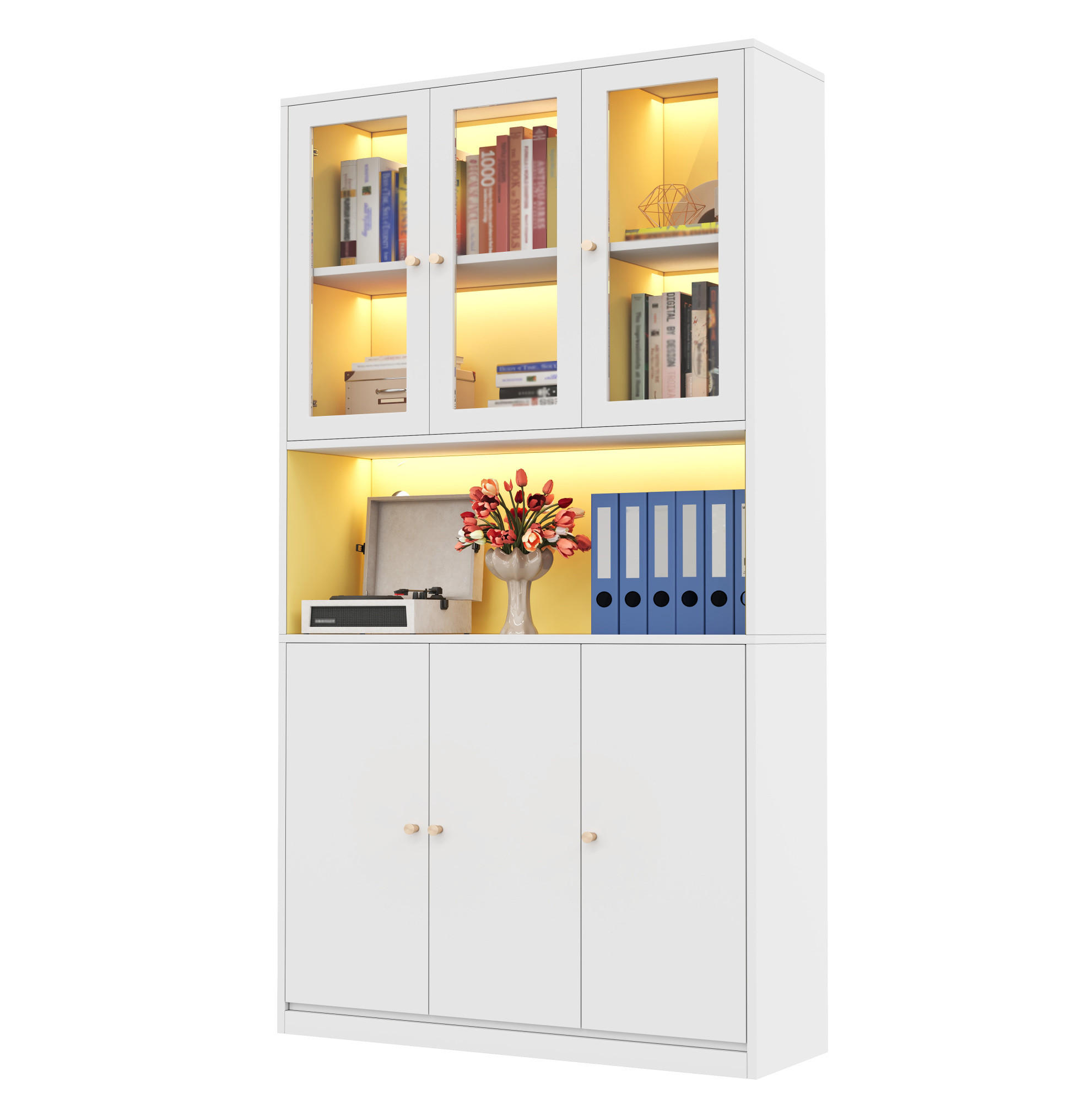 VITRINE aus MDF 100x35x200cm in Weiß mit LED & Glastüren - Weiß, Holzwerkstoff (100/200/35cm) - Modfu