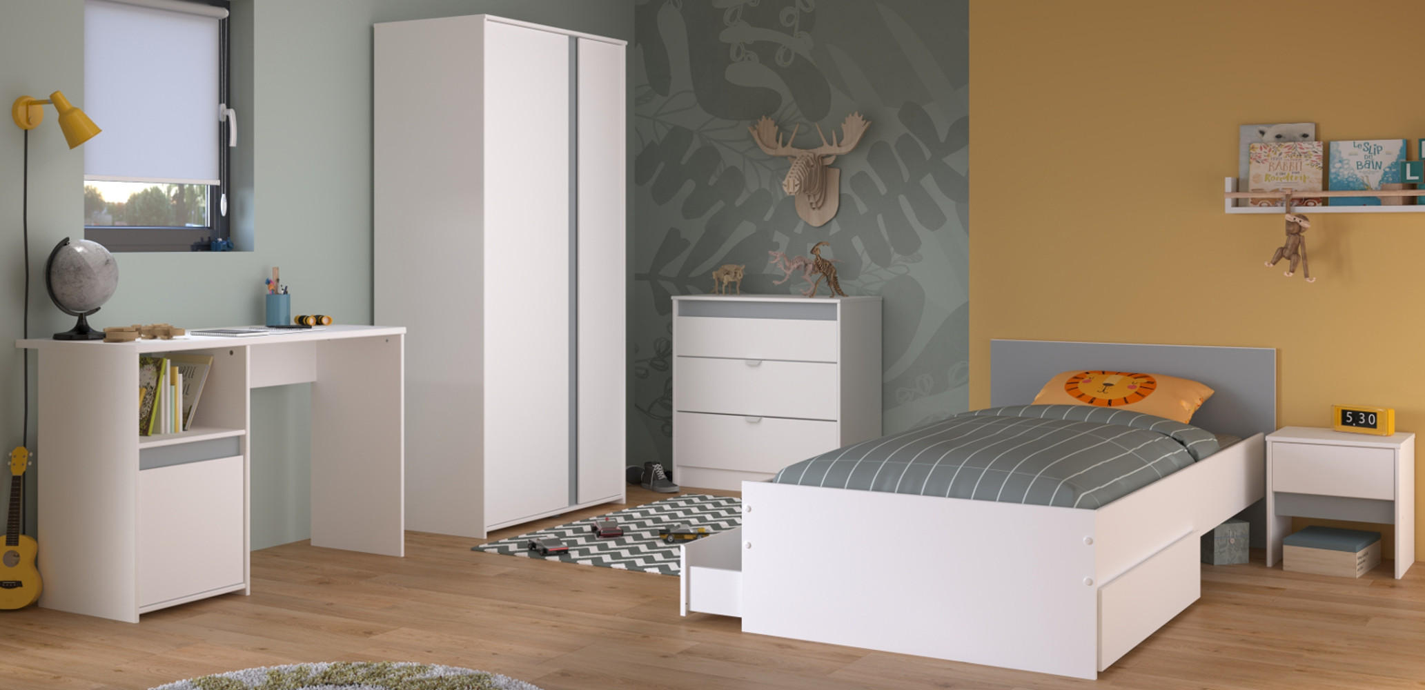 JUGENDZIMMER Set 5-tlg. mit Kleiderschrank Kommode Bett 90x200 - Weiß, Holzwerkstoff (203/182/68cm) - Parisot Meuble
