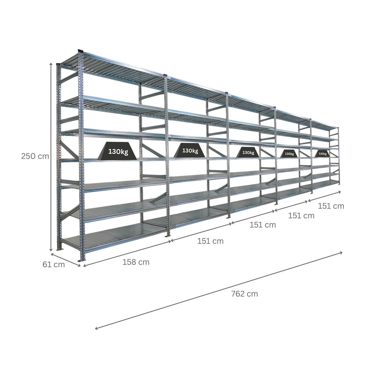 FACHBODENREGAL Proximo Stecksystem 250x750x60cm 7 Ebenen Beidseitig nutzbar Verzinkt - Silberfarben, Metall (750/250/60cm) - PROREGAL