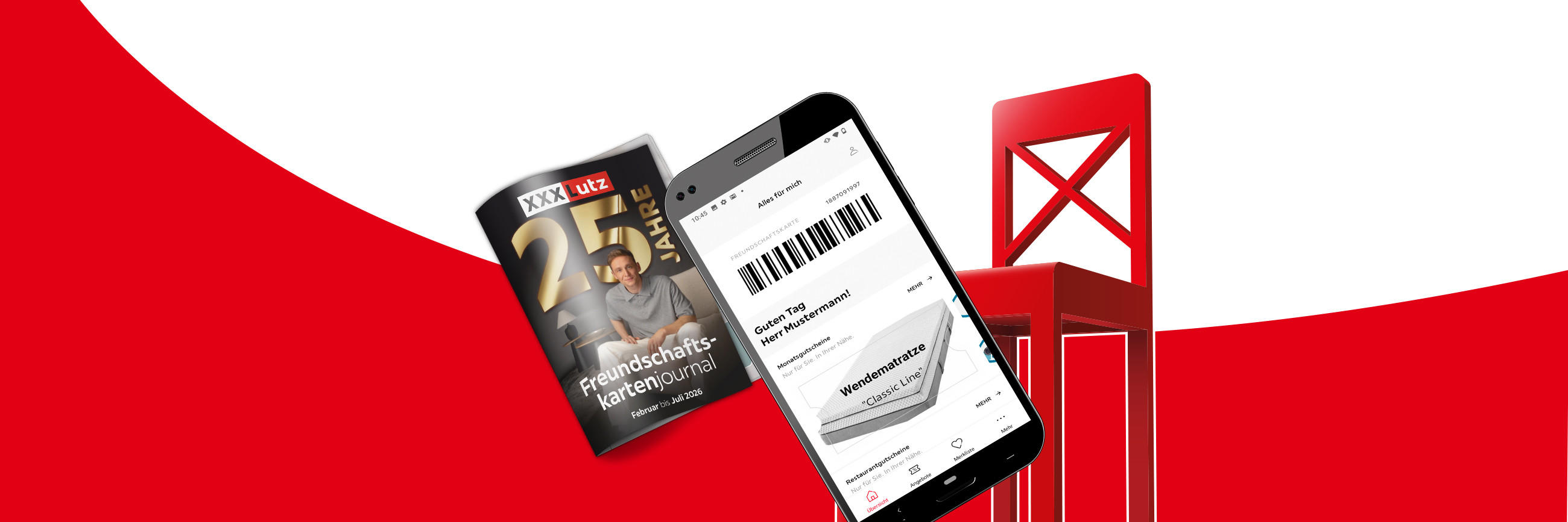 Magazin mit dem Titel „Freundschaftskartenjournal“ von XXXLutz, daneben ein Smartphone mit Barcode und Produktanzeige sowie ein roter Stuhl mit X-förmiger Rückenlehne