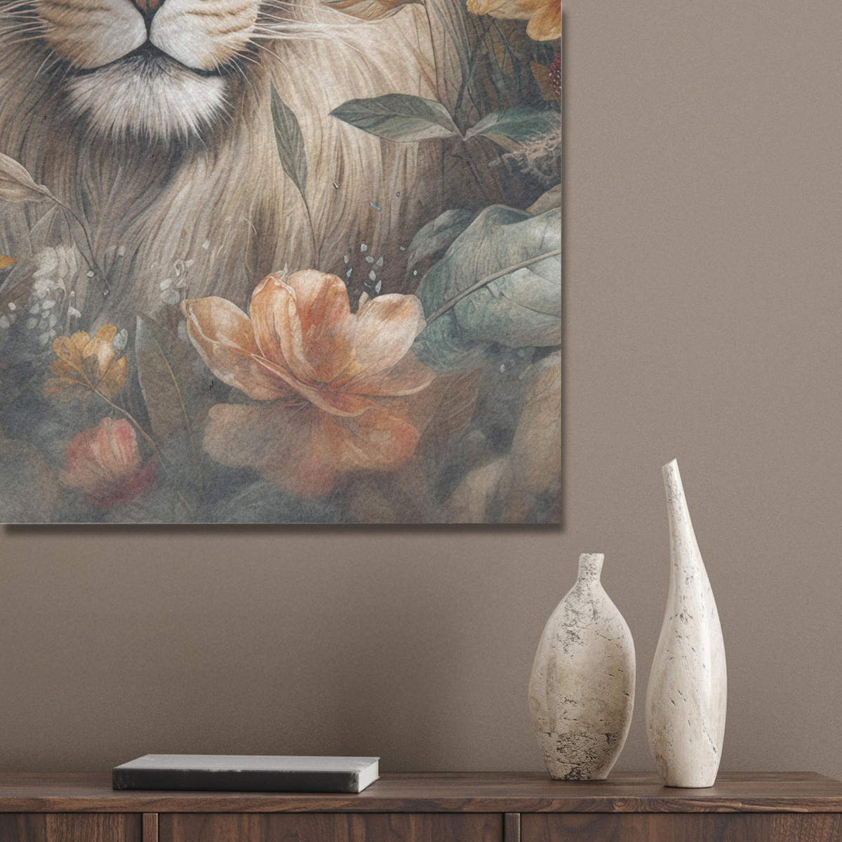 AKUSTIKBILD Löwe - Wildtiere - Pflanzen - Natur - Blumen Wanddeko 60x90 cm - Beige, Kunststoff (60/90/0.9cm) - MuchoWow