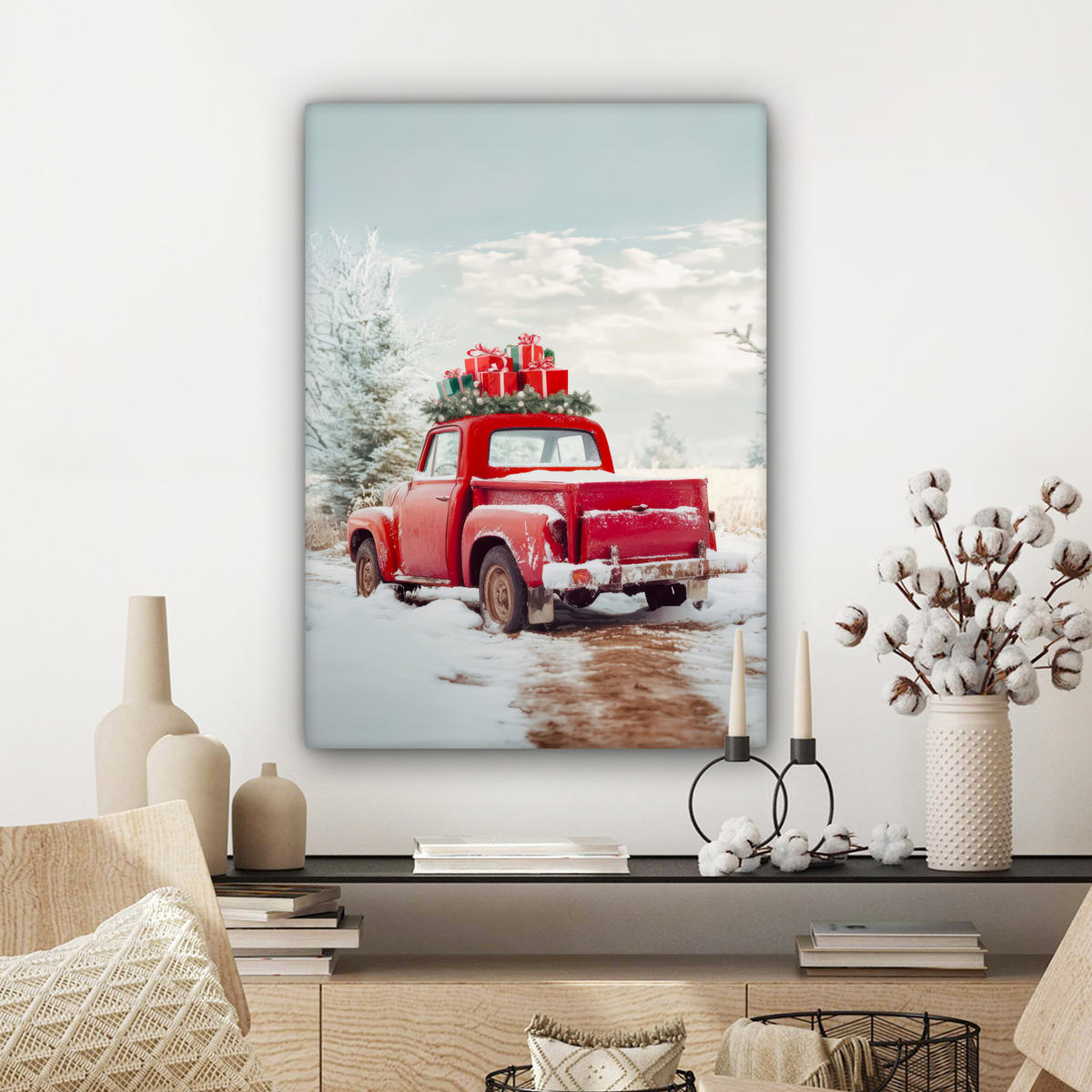 LEINWANDBILD Auto - Rot - Geschenke - Winter - Schnee - Weihnachten Wandbild Wohnzimmer 60x80 cm - Rot, Textil (60/80cm) - MuchoWow