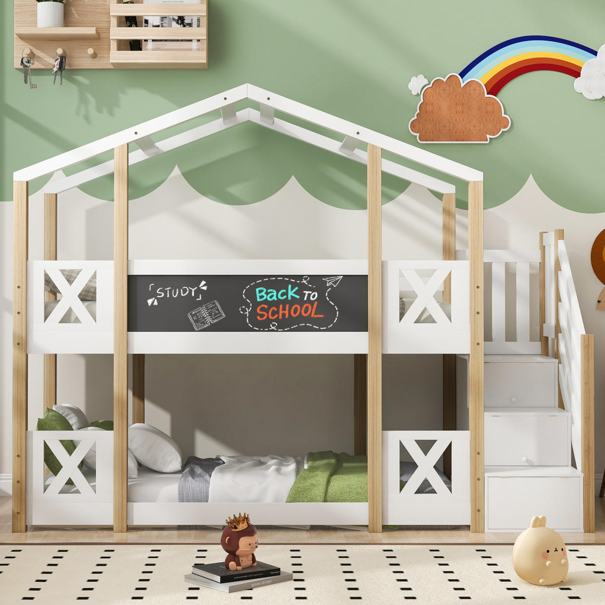 HAUSBETT 90/200 cm in Weiß/Natur mit Treppe, Stauraum und Tafel - Weiß, Holzwerkstoff (90/200cm) - BEAOK