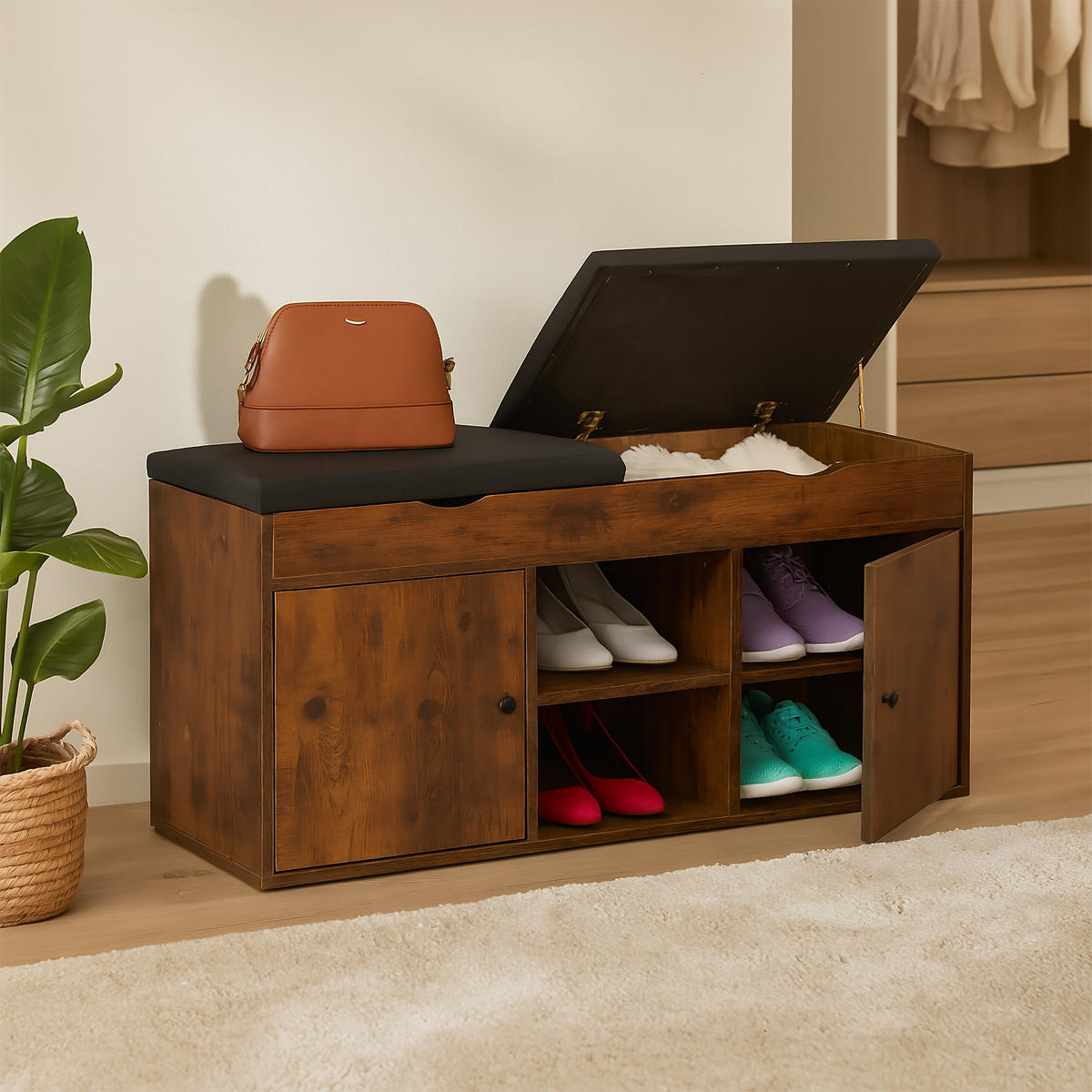 SCHUHBANK - Schwarz/Braun, Holzwerkstoff/Textil (100/49.5/34cm) - Relaxdays