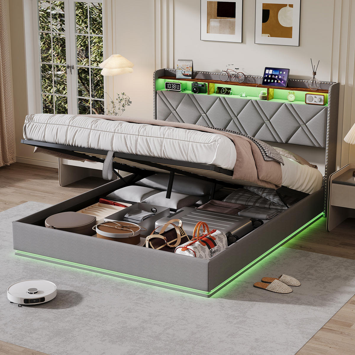 POLSTERBETT 160/200 cm Grau mit hydraulischem Stauraum, LED mit Ablage und USB - Grau, Metall (160/200cm) - EuroLiving