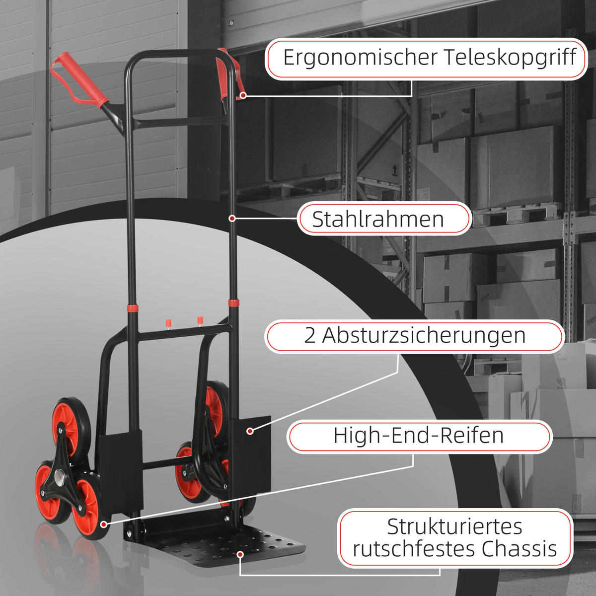 TREPPENSTEIGER Griff höhenverstellbar 120 kg Sackkarre Transportkarre Klappbar - Schwarz, Metall (45/109/60cm) - DURHAND