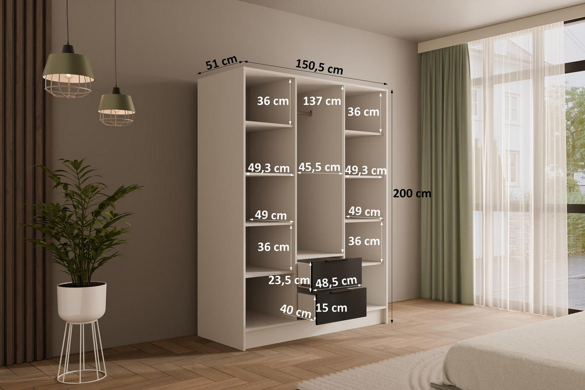 KLEIDERSCHRANK NELIA - 150 cm - Schwarz/Weiß, Holzwerkstoff (150/200/51cm) - ALTDECOR