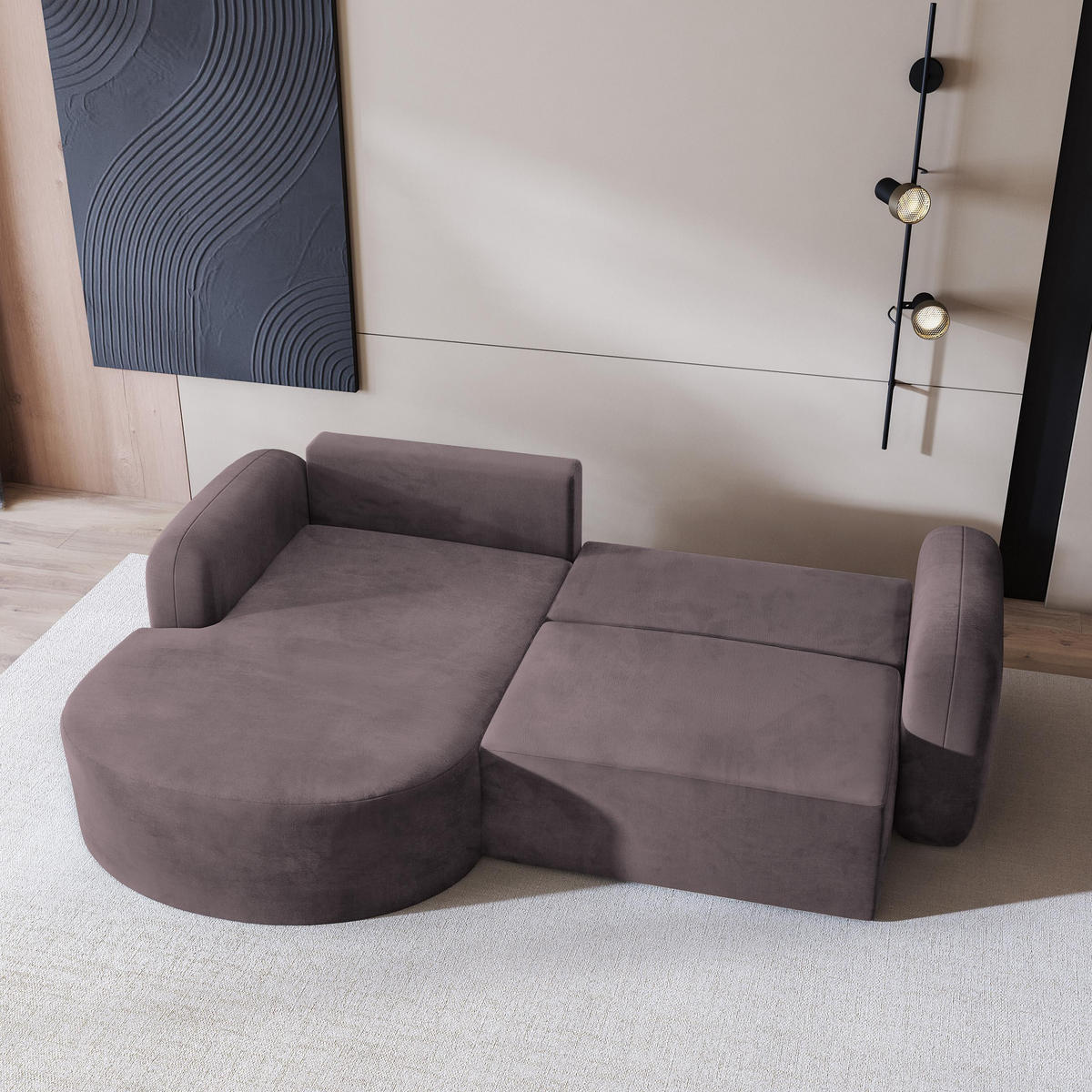 ECKSOFA AMILIA M L-S Lila Velours-Stoff mit Schlaffunktion - Lila, Holz (263/174cm) - MASSENO