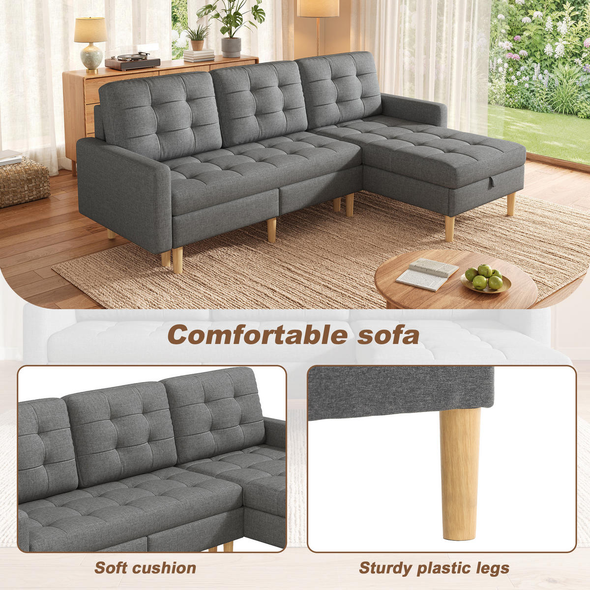 ECKSOFA 212/130/86 cm Grau mit Stauraum und wechselbare Chaiselongue - Grau, Textil (212/130cm) - Oxeza