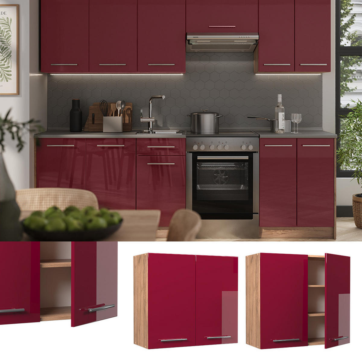 VÄGGSKÅP Fame-Line, Bordeaux högblank/Goldkraft ek, 80 cm - Bordeaux/Honungsek, Träbaserade material (80/72/34.1cm) - Vicco
