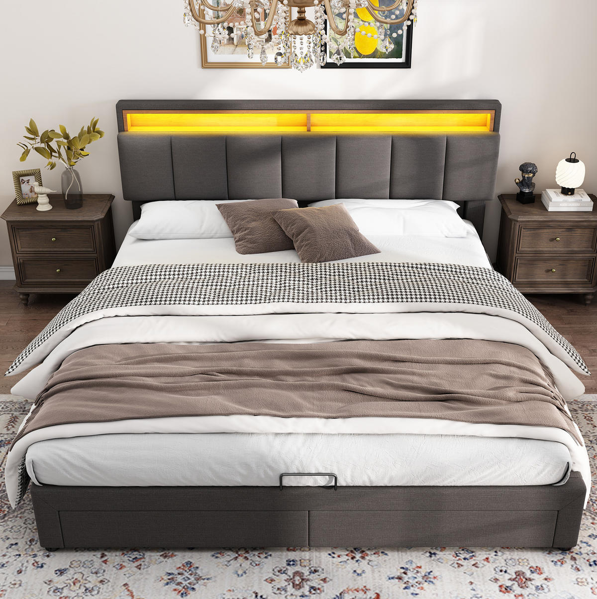 POLSTERBETT mit LED-Beleuchtung 160/200 cm mit Bettkasten und gepolstertem Kopfteil - Hellgrau, Metall (160/200cm) - BEAOK